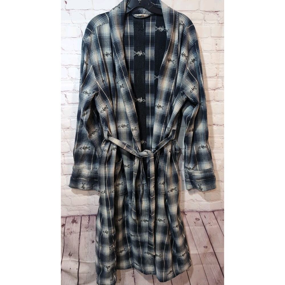 VTG Woolrich Men’s Cotton Robe Fish Skeleton Plaid Blue Lounge Bathrobe Sz M